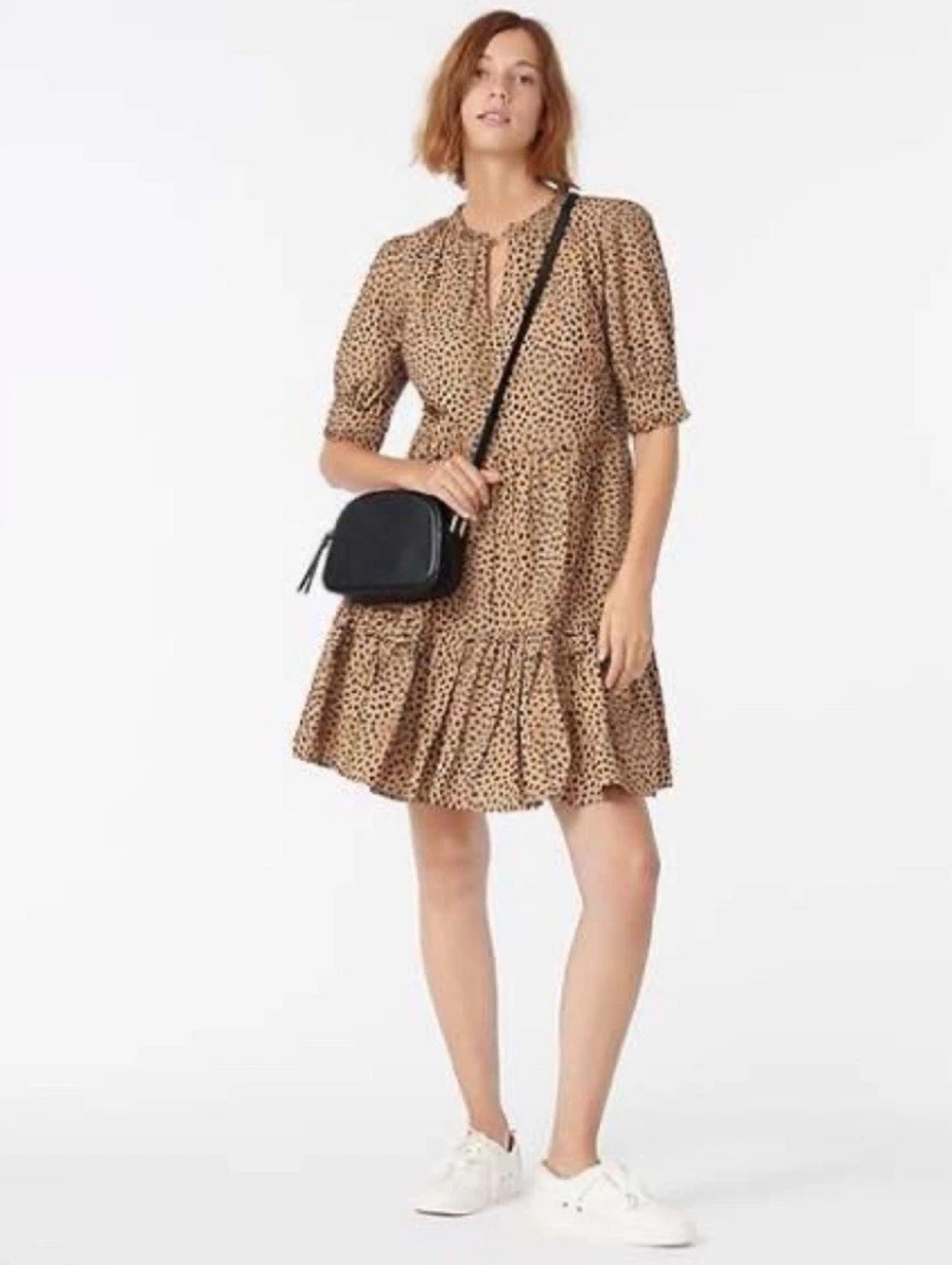 J. Crew 100% Cotton Popover Ruffleneck Tiered Midi Tan Dress Animal Lepard S/M